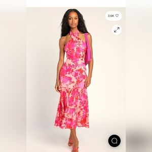Always Eye-Catching Hot Pink Floral Tiered Halter Midi Dress